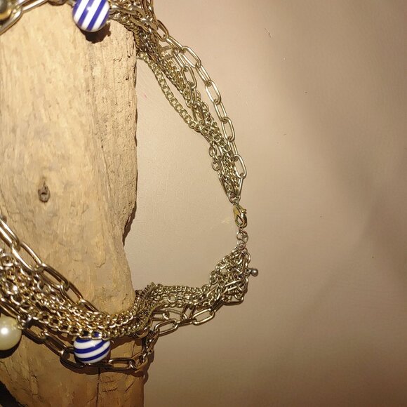 Large Gold Tone Nautical Paperclip Blue White Necklace Anchors Pearls Blue Beads - Picture 5 of 10